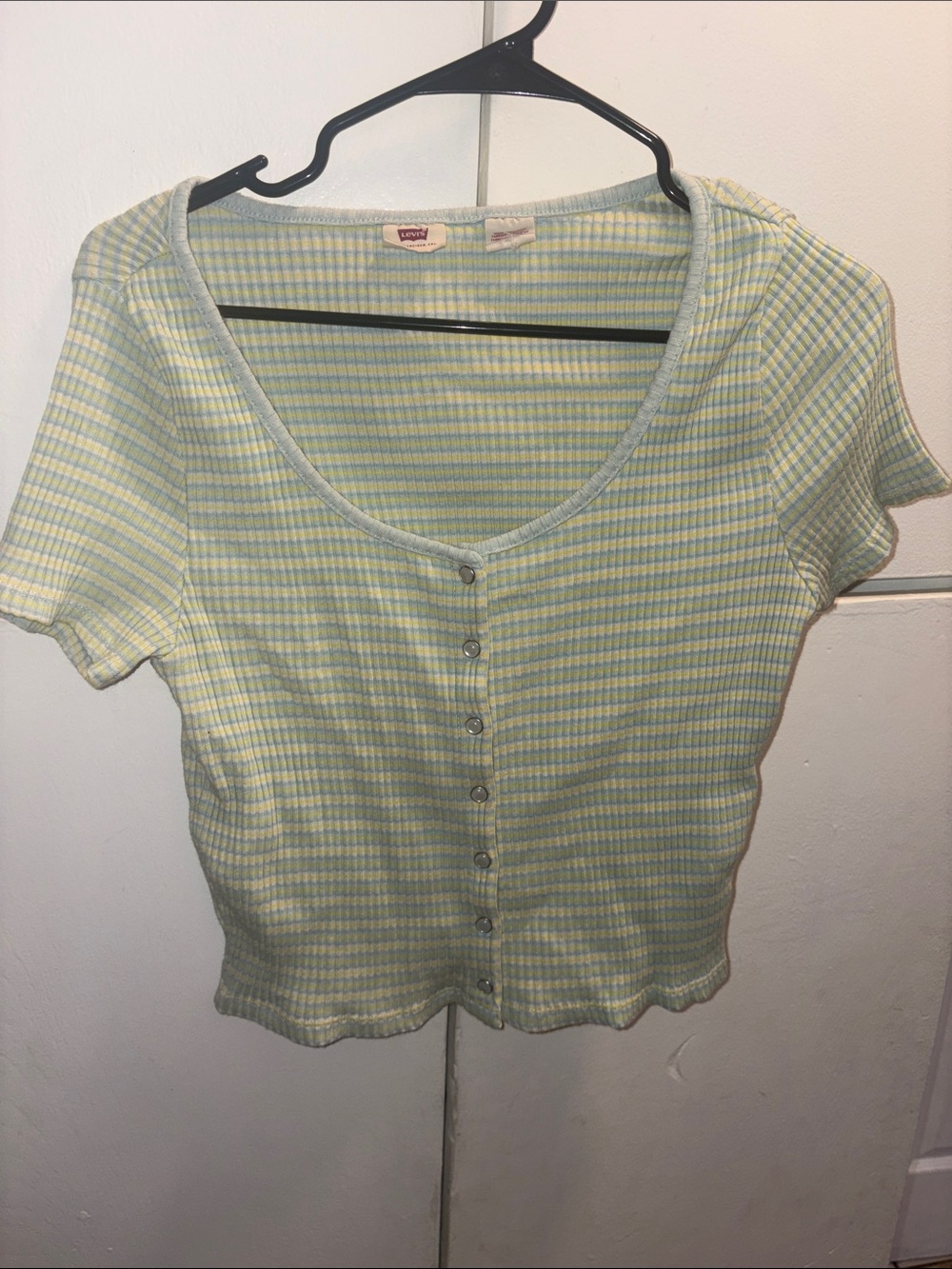 Levi's Pastel Green & Cream Striped Ribbed Button Crop Top